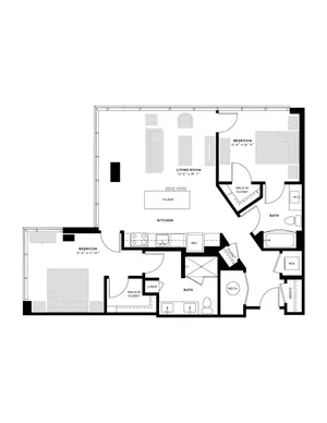 Modern floor plan showcasing 2 bedrooms with walk-in closets, spacious living room, and an island kitchen for comfortable living.