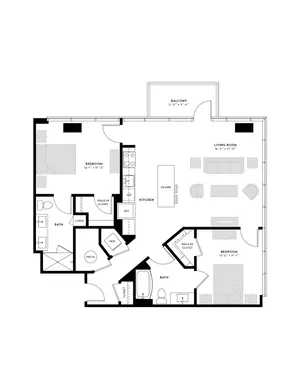 Modern floor plan featuring 2 spacious bedrooms, open-concept living room, and kitchen with island, plus a private balcony.