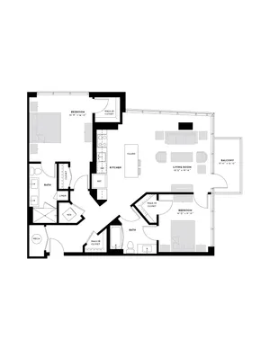 Modern apartment floor plan featuring 2 spacious bedrooms, open-concept living and dining area, sleek kitchen with island, and private balcony.