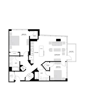 Elegant floor plan layout showcasing 2 bedrooms, spacious living room with balcony access, modern kitchen with island, and 2 full bathrooms.