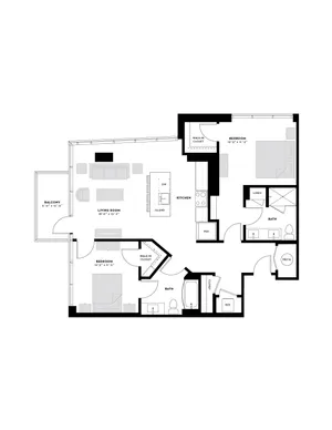 Modern floor plan showcasing 2 spacious bedrooms, open-concept living room, sleek kitchen with island, and private balcony.