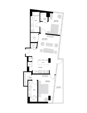 Modern floor plan showcasing 2 spacious bedrooms, a sleek kitchen with an island, open living area, and a private balcony.
