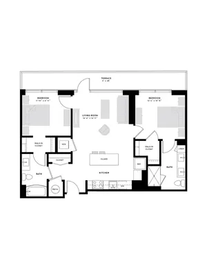 Elegant floor plan showcasing 2 spacious bedrooms, open-concept living area, modern kitchen with island, extensive terrace, and luxurious bathrooms.
