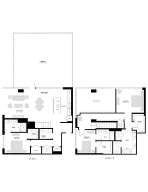 Modern two-level floor plan with spacious terrace, featuring four bedrooms, open-concept living and dining area, and sleek kitchen design.