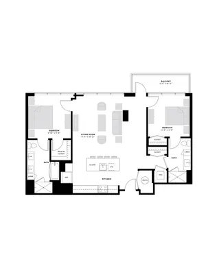Contemporary floor plan featuring 2 bedrooms, open living and kitchen area, and dual balconies with relaxing view.