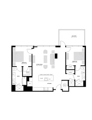 Modern floor plan showcasing an open-concept living room with kitchen island, two spacious bedrooms, and a private balcony.