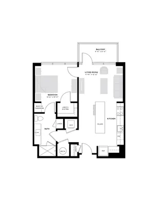 Chic floor plan featuring 1 bedroom, a modern kitchen with island, spacious living room, and a cozy balcony.