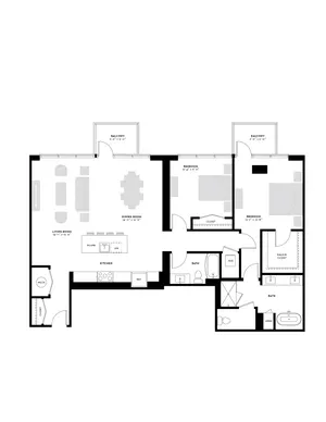 Modern 2D floor plan showcasing 2 bedrooms, 2 baths, a sleek kitchen, open living and dining areas, and dual balconies.