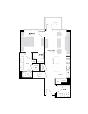 Elegant floor plan featuring 1 bedroom, a spacious living room with balcony, modern kitchen with island, and dual bathrooms.