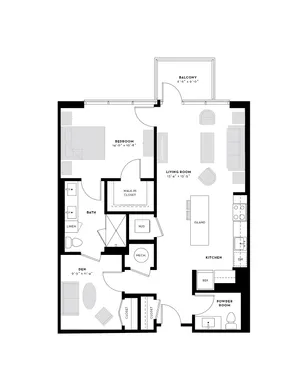 Modern apartment floor plan featuring one bedroom, a spacious living room, open kitchen with island, cozy den, balcony, and two bathrooms.