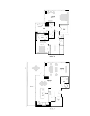 Modern two-level floor plan with 2 bedrooms, spacious living and dining areas, stylish kitchen with island, powder room, and expansive balcony.