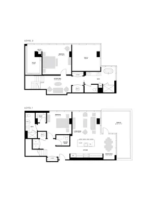 Chic two-level floor plan showcasing spacious living areas, modern kitchen with island, two bedrooms with walk-in closets, elegant bathrooms, and a large terrace for outdoor enjoyment.
