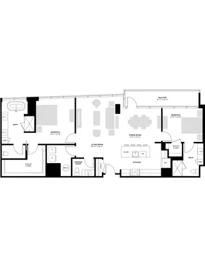 Elegant floor plan showcasing 2 bedrooms, expansive living area, contemporary kitchen with island, and a private balcony.