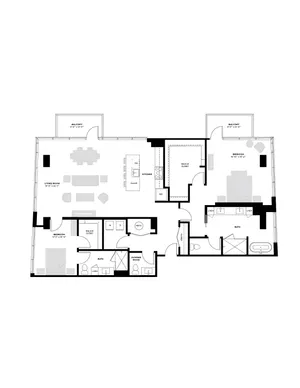 Contemporary 2-bedroom floor plan featuring two balconies, an open-concept living room with kitchen island, and spacious walk-in closets. Includes two bathrooms and a powder room.