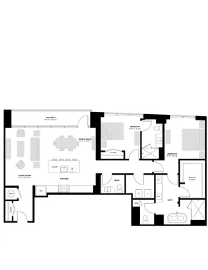 Modern apartment floor plan showcasing 3 bedrooms, spacious living and dining area, open kitchen with island, and multiple bathrooms.