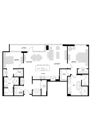 Modern floor plan showcasing 2 spacious bedrooms, open living and dining areas, sleek kitchen with island, and dual bathrooms. Features include walk-in closets and a private balcony.