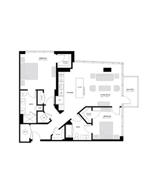 Elegant apartment floor plan featuring 2 bedrooms, expansive living room, modern kitchen with island, 2 baths, and a private balcony.