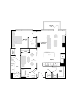 Chic floor plan showcasing a spacious bedroom, open living room, and modern kitchen with an island. Includes a den, two luxurious baths, and a cozy balcony.