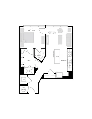 Modern 1-bedroom apartment floor plan showcasing an open-concept living room and kitchen with an island, spacious walk-in closet, and convenient washer/dryer area.