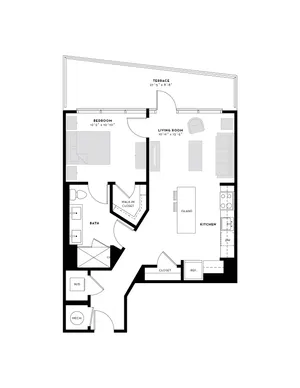Modern apartment floor plan with 1 bedroom, spacious living room, sleek kitchen with an island, and a large terrace.