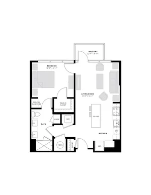 Modern floor plan featuring 1 bedroom, open-concept living and kitchen area with island, walk-in closet, and private balcony.