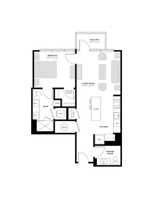 Contemporary floor plan showcasing a spacious 1-bedroom layout with an open-concept living room, modern kitchen island, convenient walk-in closet, and private balcony.