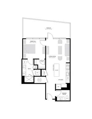 Modern floor plan showcasing a single bedroom, expansive terrace, open living area, and sleek kitchen with island.