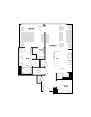Modern 1-bedroom apartment floor plan featuring spacious living room, sleek kitchen with island, and convenient walk-in closet.