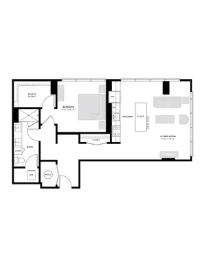 Modern floor plan showcasing 1 bedroom with a walk-in closet, spacious living room, and kitchen with island.