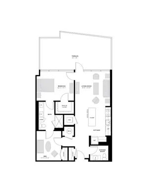 Modern floor plan showcasing a spacious 1-bedroom layout with a den, large terrace, open-concept living room, and kitchen with island.