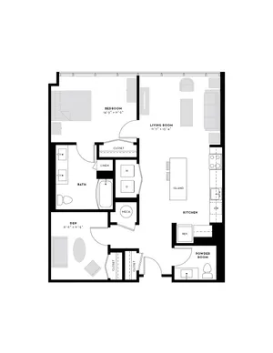 Elegant floor plan featuring one bedroom, a versatile den, modern kitchen with island, spacious living room, and convenient powder room.