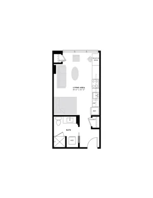 Modern studio apartment floor plan featuring an open living area, compact kitchen, and convenient in-unit washer/dryer.