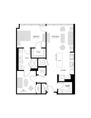 Modern floor plan showcasing 1 bedroom, large living room, sleek kitchen with island, adjacent den, and ample storage space.