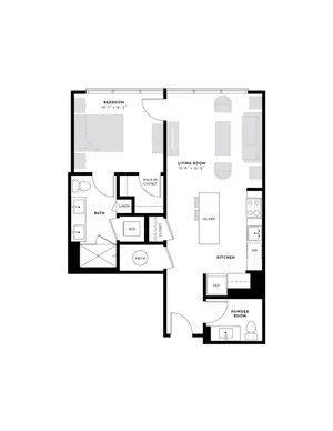 Modern floor plan featuring 1 bedroom, open-concept living room, and stylish kitchen with island, complemented by a powder room and walk-in closet.