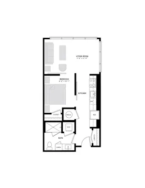 Modern floor plan highlighting a well-designed one-bedroom apartment with spacious living room, open kitchen, and convenient storage solutions.