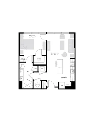 Contemporary 1-bedroom apartment floor plan featuring an open living room and kitchen with island, spacious walk-in closet, and modern bath.