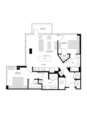 Modern apartment floor plan featuring 2 spacious bedrooms, a stylish living room, open kitchen with island, and a private balcony.