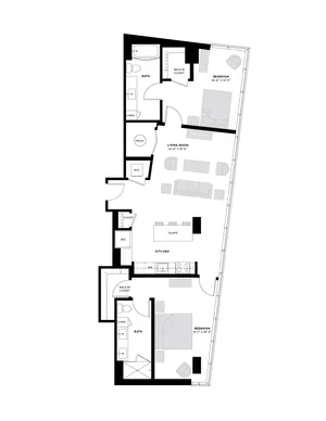 Contemporary floor plan featuring two spacious bedrooms, a modern open-concept kitchen with island, and an inviting living room.