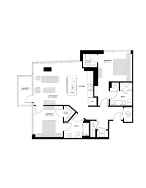Elegant floor plan showcasing 2 bedrooms, spacious living room with balcony access, modern kitchen with an island, and ample storage spaces.