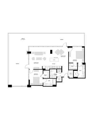 Modern floor plan showcasing 3 bedrooms, open living and dining area, spacious kitchen, and expansive terraces.