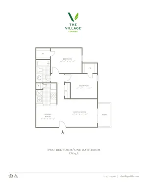 2 Bed, 1 Bath. 836 Sqft.