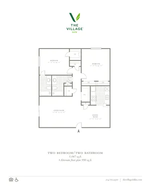 2 Bed, 1 Bath. 990/1047 Sqft.