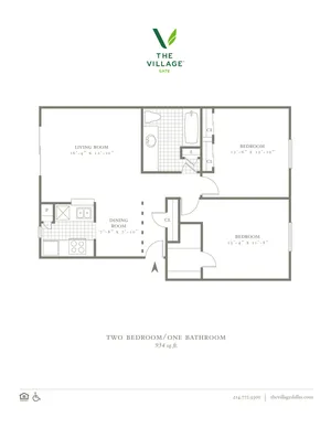 2 Bed, 1 Bath. 934 Sqft.