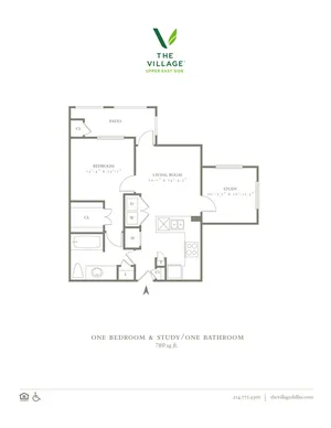 One Bedroom and Study/One Bath - 780sf