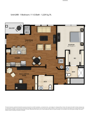 LWB Floor Plan | 1 Bedroom 1.5 Bath | 1229 Square Feet | Parc Westborough | Apartment Homes