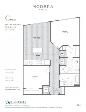 889 square foot Junior two bedroom two bath apartment floorplan image