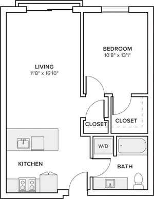 670-764 square foot one bed one bath floor plan in Seattle, WA