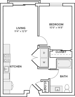 670 square foot one bed one bath floor plan in Seattle, WA