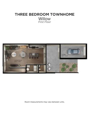 Modern floor plan for Willow Three Bedroom Townhome, featuring an open living room, sleek kitchen, and attached garage on the first floor.