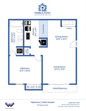 One Bedroom Garden Floorplan at 710 Square Feet